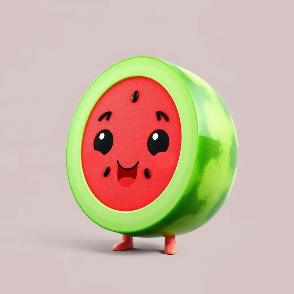 “Cute 3D watermelon slice character, chibi style, smiling face, glossy material, soft lighting, pastel colors, high detail, toy-like render, isolated background”