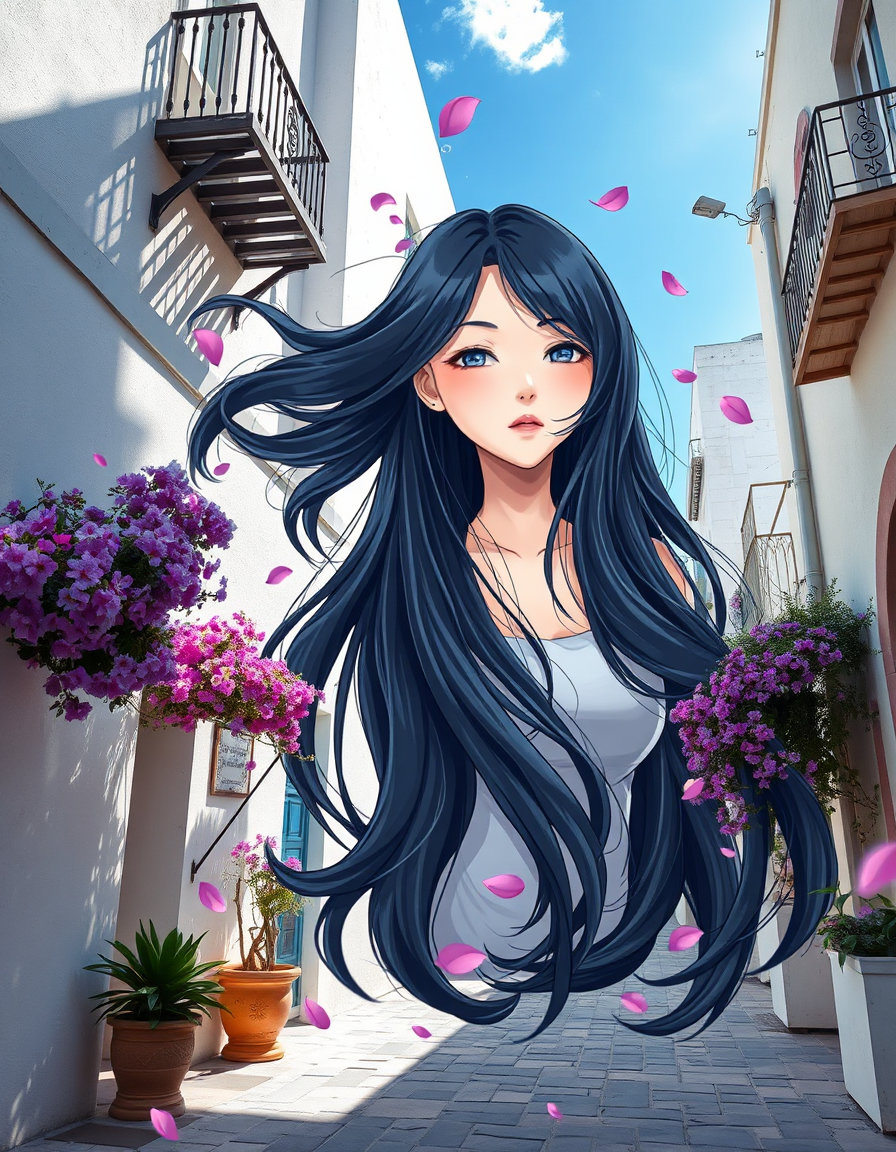 A surreal giant anime-style woman blended into a real-world street environment, integrated naturally with architecture and nature, dreamy cinematic aesthetic, soft sunlight, flowing long black hair, peaceful expression, vibrant purple flowers, white mediterranean walls, realistic shadows, floating petals in the air, ultra detailed illustration mixed with photography, magical realism, calm atmosphere, anime mural style, wide-angle composition, soft wind movement, highly aesthetic Instagram reel art, vibrant blue sky, depth of field, 4k ultra realistic, emotional and artistic composition