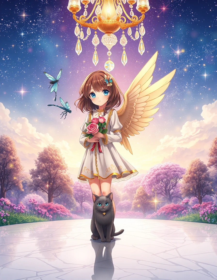 vera, a young anime character with steel‑blue tilted eyes, layered brunette hair and golden angel wings, stands on a gleaming white marble plain beneath a star‑filled sky, a fluffy gray nebelung cat at her feet, holding a pink rose on a golden chain; an iridescent blue‑gray dragonfly hovers near her hair, towering rune‑etched trees rise around her, violet‑emerald flora and fireflies flicker, mystical fog drifts, and a crystal chandelier overhead fractures warm bright illumination through cut‑glass prisms. rendered as a long‑exposure static view: static subjects remain razor‑sharp while moving elements—dragonfly, fireflies, drifting spores, swirling fog—blur into ghostly streaks and ethereal trails, capturing the passage of time in a single frame with spectral highlights and luminous caustics.