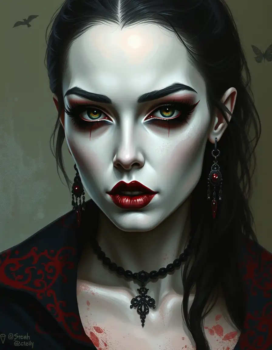 semi-realistic fantasy art portrait of a female vampire with pale-white skin and gothic makeup