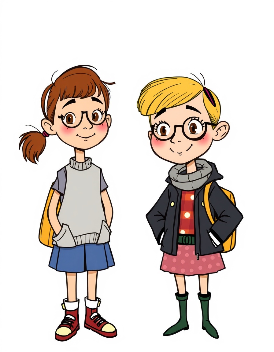 Transform the subject from the uploaded image into a character in the style of Charlie and Lola (children's cartoon). Match the official cartoon look - thin sketchy outlines, flat colors, childlike proportions, playful hand-drawn charm, and simple textures.
Retain the subject's original clothing, hairstyle, facial features, accessories, skin tone, pose, and expression - but reinterpret them as if they belong in the Charlie and Lola can I