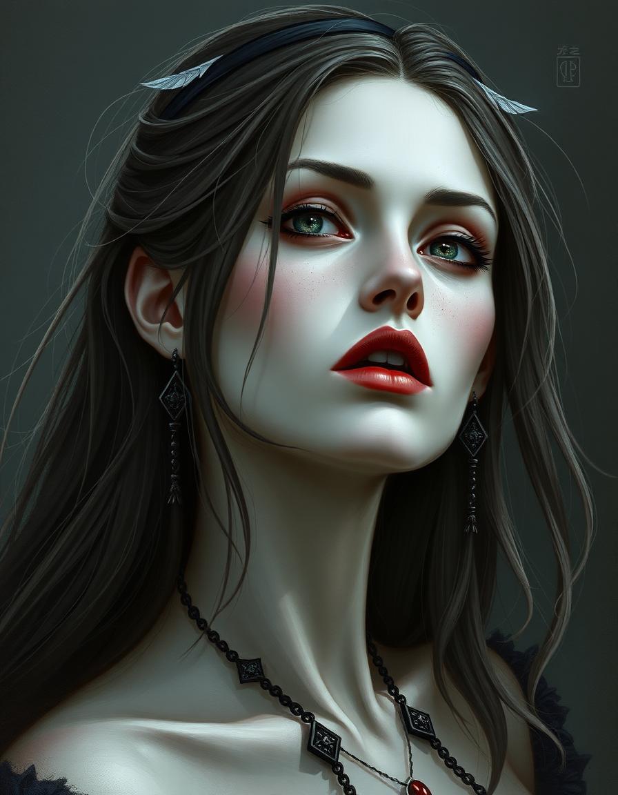 semi-realistic fantasy art portrait of a female vampire with pale-white skin and gothic
