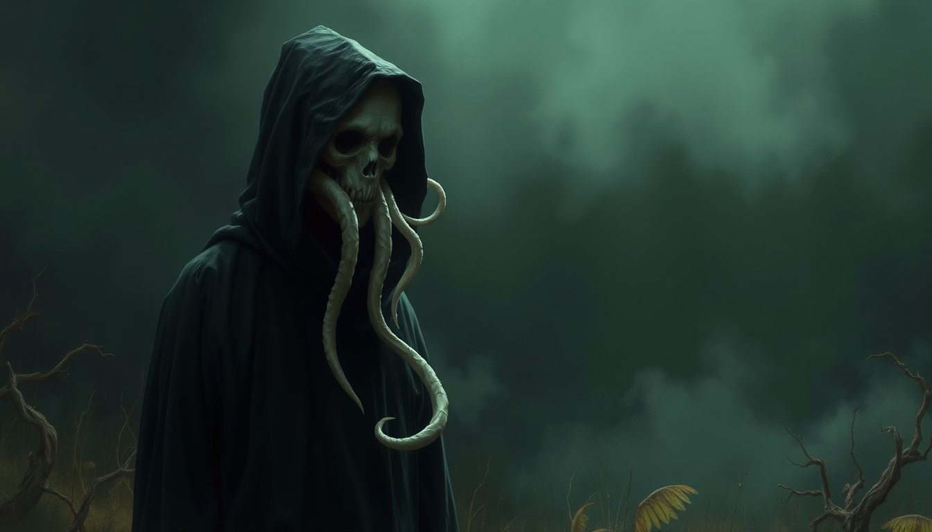 a haunting scene unfolds, set against a dark, gothic-inspired background that exudes a sense of foreboding and mystery. the digital oil painting style, reminiscent of the vibrant and high-contrast aesthetics of 80s graphic novels, creates a striking visual dichotomy between the somber atmosphere and the characters that inhabit it. in this eerie landscape, a figure emerges, its face hidden behind a hood that casts a deep, ominous shadow. pale, serpentine tentacles writhe and twist, like ethereal tendrils, as they protrude from the darkness where a face should be. the creature's body appears elongated, its twisted form bathed in soft, diffused light that casts gentle shadows and underscores its grotesque yet serene demeanor. the plague farm creatures block is realized in exquisite detail, with smooth, rendered brushwork that masterfully captures the delicate dance of light and shadow on its diseased surface. muted earth tones, subtle greens, and soft pastels blend in a dreamlike harmony to create an unsettling yet mesmerizing visual experience. a delicate, otherworldly mist swirls through the background, imbuing the atmosphere with an air of mystery and subtle horror. the digital painting is executed with the finesse of a painterly medium, characterized by fine brushwork, layered glazes, and natural texture that adds depth and dimension to the scene. matte-painting sensibilities are evident in the backgrounds, while concept-art quality refinement defines the characters, imbuing them with an air of refinement and attention to detail. in the foreground, the camera captures a medium shot at a precise 42 mm focal length, perfectly framing the creature in a hyper-realistic and highly stylized manner. the result is a masterful marriage of oil-style strokes, fantasy illustration, and subtle texture, skillfully balancing the mystery and horror elements to create a visually stunning and thought-provoking image that lingers in the viewer's mind.