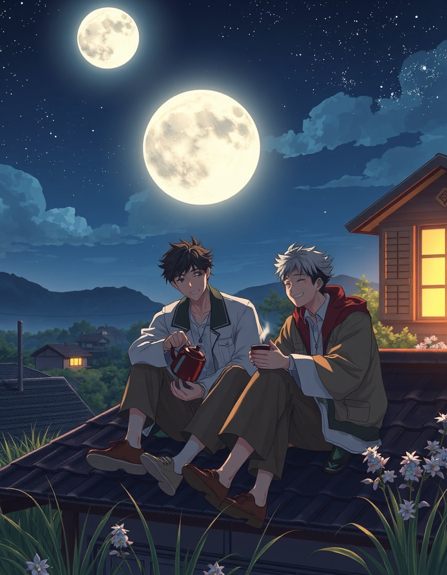 a tranquil anime village rooftop scene unfolds under the serene gaze of a radiant, full moon, suspended high above, its silvery glow bathing three close male friends in a warm ambiance, fostering an atmosphere of deep camaraderie. these three companions sit together, huddled on the rustic roof of a small, quaint countryside house, bathed in the soft light of the celestial body. their joyful, relaxed expressions, filled with laughter and warmth, convey a sense of carefree, unbridled friendship. one friend, attentively pouring steaming hot tea from a kettle, assembles the group's moment of harmony, while another laughs with infectious glee, cradling a small, steaming cup in their hands.
soft, diffused moonlight dances across their faces and the surrounding environment, casting a gentle, ethereal glow upon their garments and accessories. in the distance, a warm, yellow radiance emanating from a nearby window, imbued with the quiet life of a sleepy countryside, offers a picturesque contrast to the cool, luminescent light of the moon. this stunning and the swaying grass.
in the background, the unbroken canvas of the night sky is painted with an innumerable abundance of deep, sparkling blue stars. among these countless celestial bodies, one magnificent, bright, and luminous moon assumes a preeminent role, serving as the tranquil centerpiece of this picturesque, dreamy scene. this idyllic anime village setting embodies the essence of heartwarming, cinematic storytelling, with its delicate balance of light, textures, and space combining to create a breathtaking composition.
each element of this image is infused with the richness of a hand-painted anime aesthetic, imbued with the captivating qualities of depth, dimensionality, and luminosity. the subtle, soft edges of the volumetric moonlight beautifully contrast with the crystalline textures of the surrounding foliage, creating a breathtakingly detailed visual experience. every aspect of this scene has been rendered with meticulous, masterful care, resulting in an 8k quality image that seems lifted from the pages of a dream. as a timeless homage to the legendary filmmakers of studio ghibli, this enchanting anime still life masterfully combines artistic nuance, breathtaking detail, and soothing atmosphere into a cinematic masterpiece that transports viewers to a realm of timeless tranquility.
this serene scene unfolds in a cinematic composition of 16:9 widescreen proportions, creating a harmonious balance between space and visual elements. every thread of this captivating narrative has been woven with patience and devotion, crafting an unforgettable, soothing cinematic experience that echoes the peaceful tranquility of a dreamy, peaceful midnight.