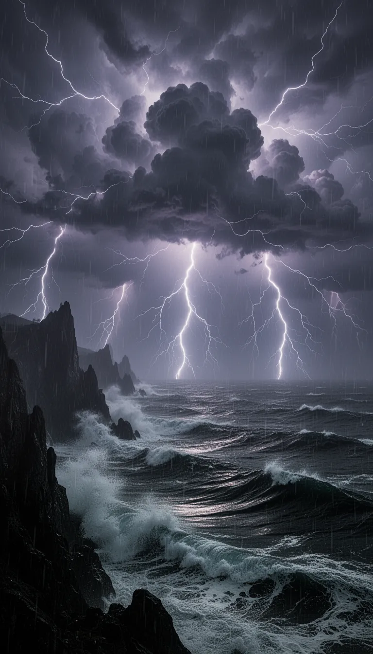 A cinematic, ultra-detailed dark fantasy seascape during a violent thunderstorm at night. The sky is completely filled with massive, towering storm clouds in deep charcoal, blue-black, and violet-gray tones. Dozens of intense lightning bolts branch across the entire sky, striking in multiple places at once. The lightning is unnaturally bright and excessive, illuminating the clouds from within and creating an overwhelming sense of power and chaos.

Below, a storm-tossed ocean churns with huge black waves capped with white foam. The water reflects the lightning flashes, creating streaks of silver light across the surface. Along the left side and foreground, jagged black cliffs rise sharply from the sea as enormous waves crash against the rocks, sending mist and spray into the air.

Heavy rain falls throughout the scene. The atmosphere is dark, ominous, cinematic, and awe-inspiring, as if the storm itself is supernatural. There are no people, no creatures, no dragons, and no buildings. The entire composition should focus on the overwhelming scale and violence of the lightning storm.

Dark fantasy, epic, atmospheric, ominous, dramatic. Ultra-realistic, cinematic, highly detailed. High contrast between the lightning and storm clouds. Sharp details in the rain, clouds, waves, and rocks. Moody color grading. Premium fantasy film still. Vertical 9:16 composition. Hyper-detailed. Scroll-stopping.

Negative prompt: people, characters, faces, dragons, animals, ships, boats, castles, buildings, houses, text, logos, watermark, cartoon, anime, CGI look, illustration style, low quality, blurry, flat lighting, warm colors, sunrise, sunset.