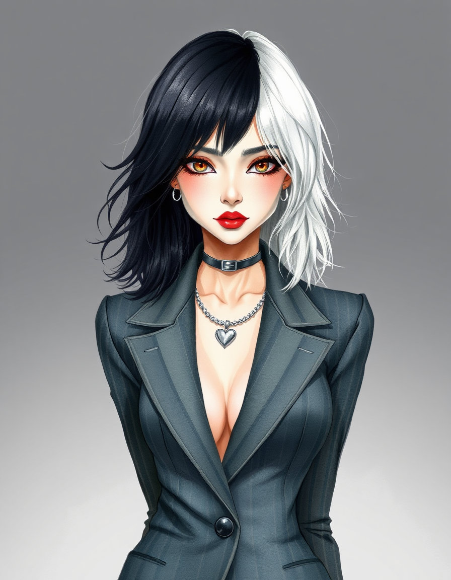 watercolor portrait of a gothic‑glamour female character expands to a full‑body view: she stands straight, facing the viewer with elegant posture, her split‑dyed hair half jet‑black, half platinum white flowing over shoulders, and her pale skin rendered in translucent washes that catch soft natural light. she wears the matte pinstriped blazer with wide lapels and a silver chain necklace bearing a heart pendant, while a subtle cat‑neck tattoo hints at her skin. the neutral gray gradient backdrop fades into a soft vignette, and cool chiaroscuro highlights her face and body, blending the original bust composition with a graceful, realistic full‑body presence.