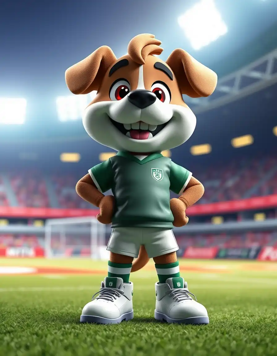 3D cartoon style dog mascot standing on a green football field, wearing a sports jersey and shoes, with a big smile, colorful background, bright lighting, ultra HD, front view