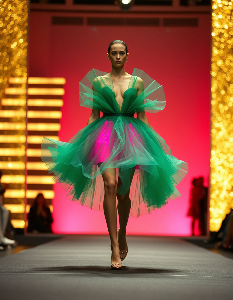 Kodak Vision3 250D — video of a female model on a fashion show runway walking towards the camera; emerald origami‑folded tulle expanding and contracting with movement; hot‑pink underskirt flashing rhythmically; holographic staircase lighting shifting in waves. Palette: emerald, hot pink, gold shimmer.