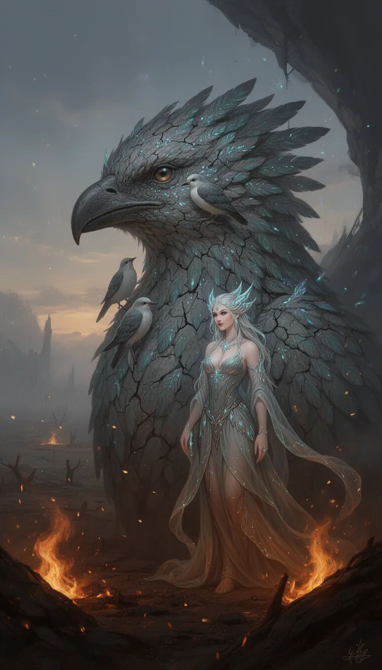 a monumental anthropomorphic avian‑human hybrid portrait in an abstract twilight wasteland, now accompanied by a graceful fantasy lady standing beside the creature, both sharing the cracked stone‑skin and feathered features; the lady wears flowing ethereal robes that echo the desaturated earth tones, while the hybrid maintains its contemplative profile with a bird perched on its cheek. soft bioluminescent glow and warm amber firelight create high‑contrast chiaroscuro, with mist‑laden haze and dark void framing the scene in a close‑up, slightly dutch‑angled composition.
