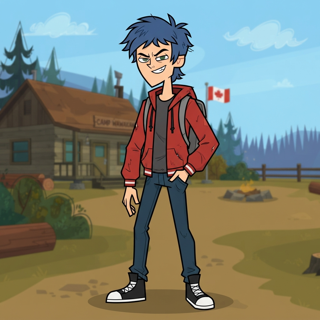 flat 2d cartoon teenage boy character, bold black outlines, spiky blue hair, red jacket, canadian animated reality show art style