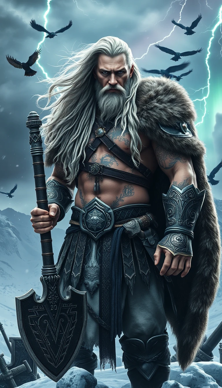 masterpiece, best quality, ultra detailed, epic fantasy, Norse mythology warrior, son of Odin, tall and powerful physique, long silver-blonde hair flowing in the wind, piercing ice-blue eyes glowing with divine power, intricate Nordic rune tattoos across chest and arms, majestic fur cloak, ancient enchanted armor engraved with Viking symbols, holding a colossal rune-forged battle axe, standing on a snowy mountain peak,

dramatic storm clouds, lightning striking behind him, ravens flying through the sky, northern lights illuminating the horizon, frozen battlefield covered with ancient weapons, cinematic atmosphere, god-like presence, legendary hero, fantasy realism, photorealistic skin texture, volumetric lighting, dynamic pose, highly detailed face, intricate armor details, unreal engine 5, ray tracing, 8k, HDR, cinematic composition, masterpiece fantasy artwork
