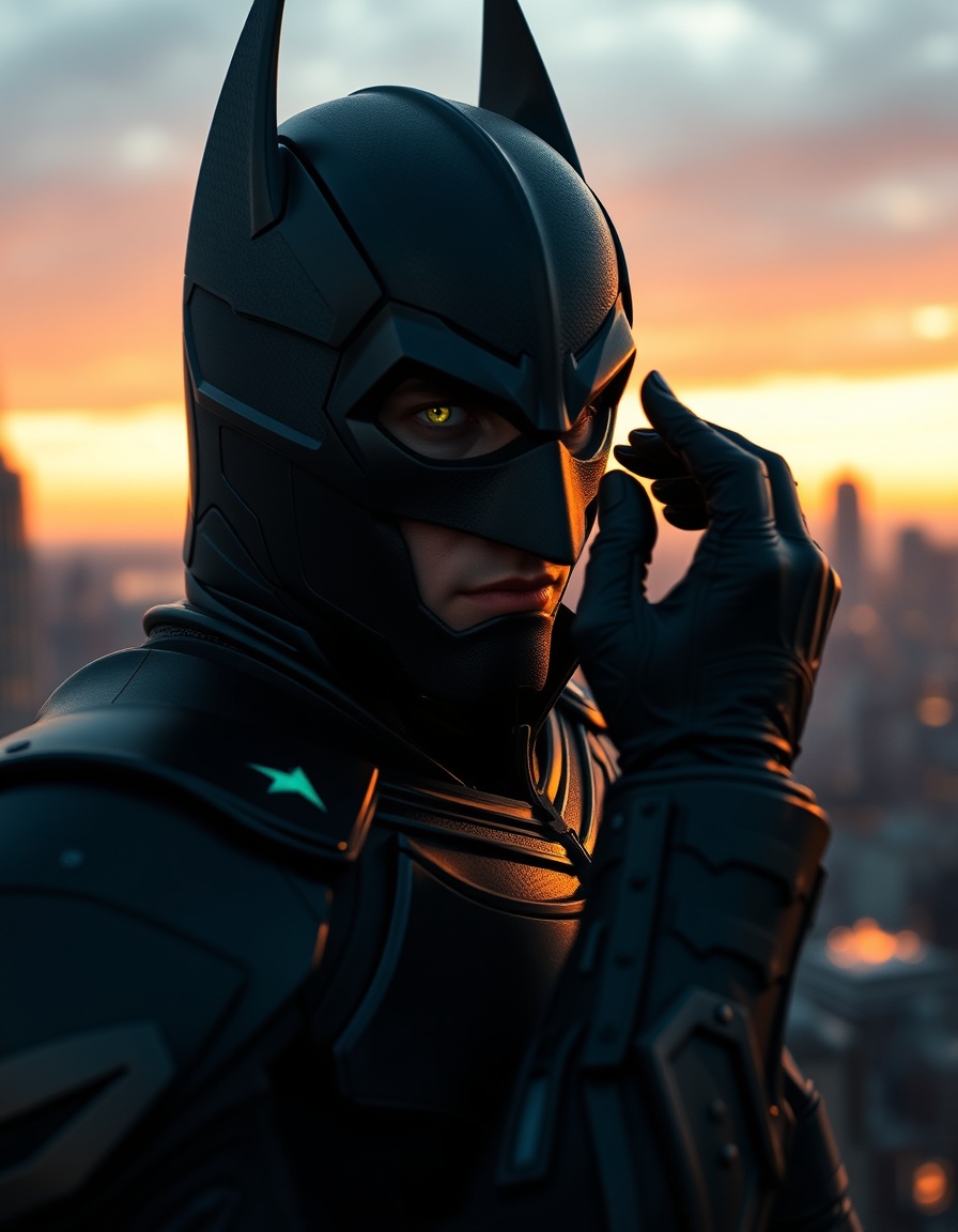 the arkham knight, a dark armored vigilante, stands atop a gotham city skyscraper at dusk, his piercing green eyes gleaming with intensity as he applies a subtle smoky eyeshadow that perfectly complements his eye color, the shimmering finish catching the fading light, while the cityscape behind him is bathed in a warm orange glow, the gotham city skyline a blurred, impressionistic backdrop to his mysterious figure.
